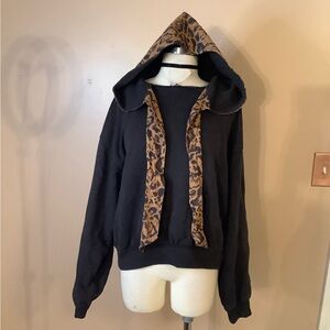 Free People Black Leopard Print Animal Print Pull Over Hoodie Small Headscarf